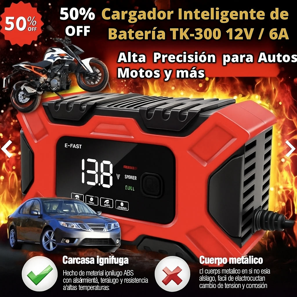 🧲🔋Cargador Inteligente de Batería TK-300 12V / 6A – Alta Precisión para Autos, Motos y más 🚗⚡
